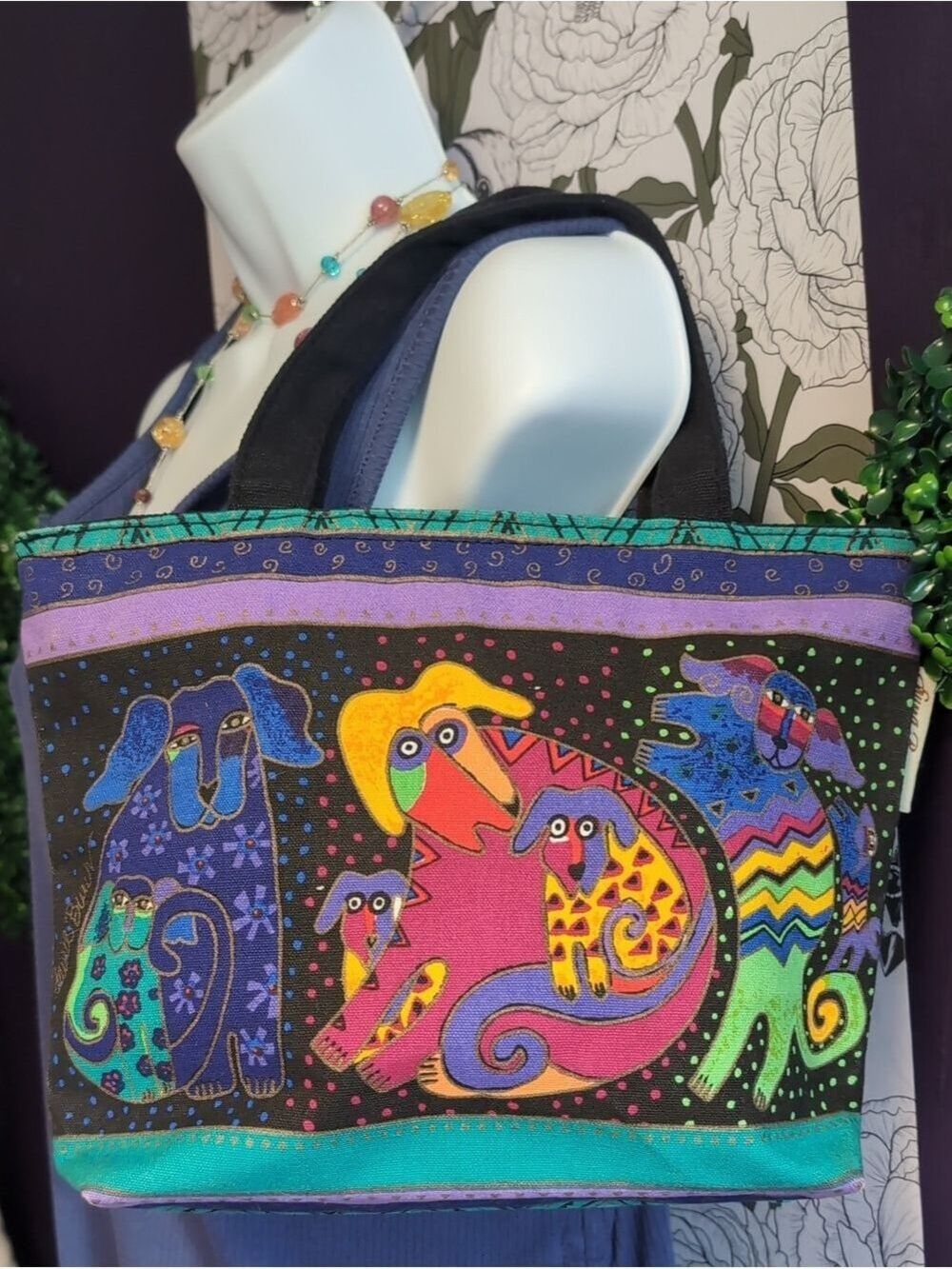 Laurel Burch Dog & Dot Print Canvas Bag